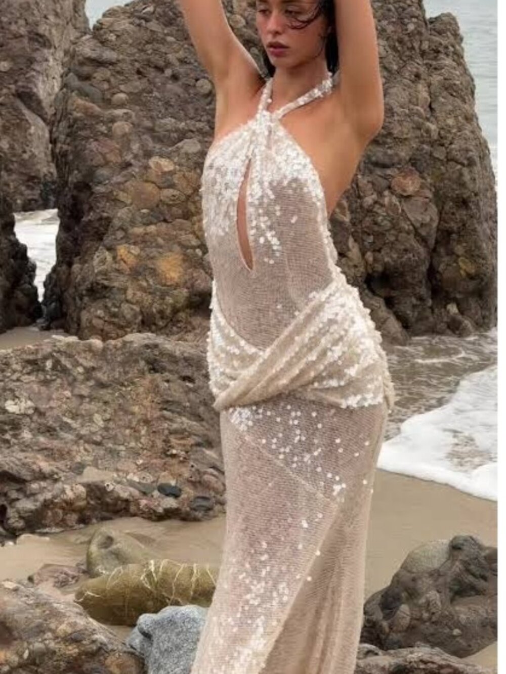 NEW $349 FOR LOVE AND LEMONS SYDNEY SEQUIN HALTER MAXI DRESS SIZE  M
